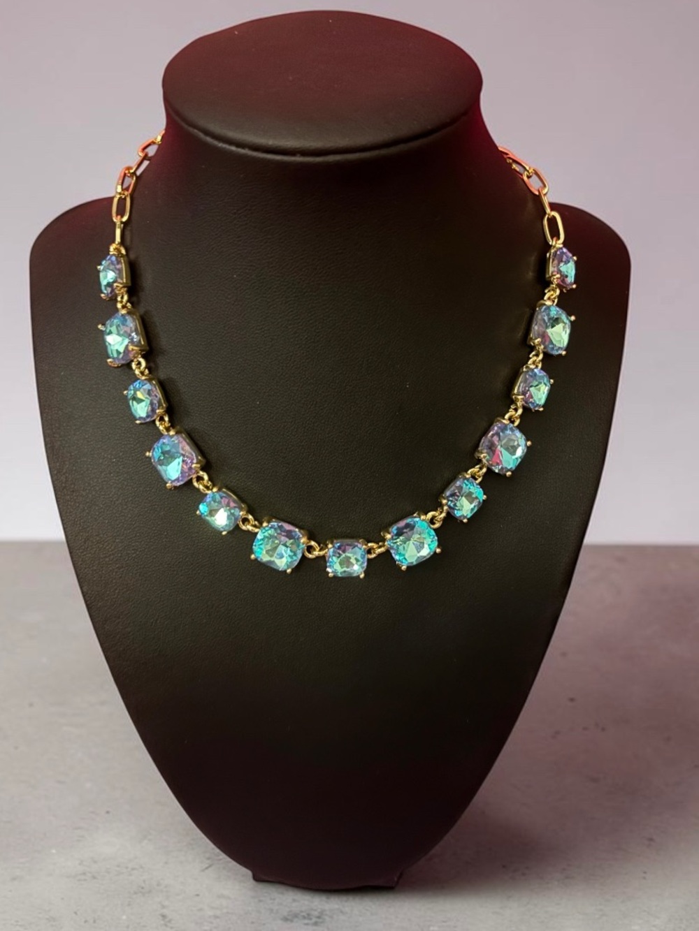 Pastel Blue Cushion Cut Glass Link Rectangle Necklace